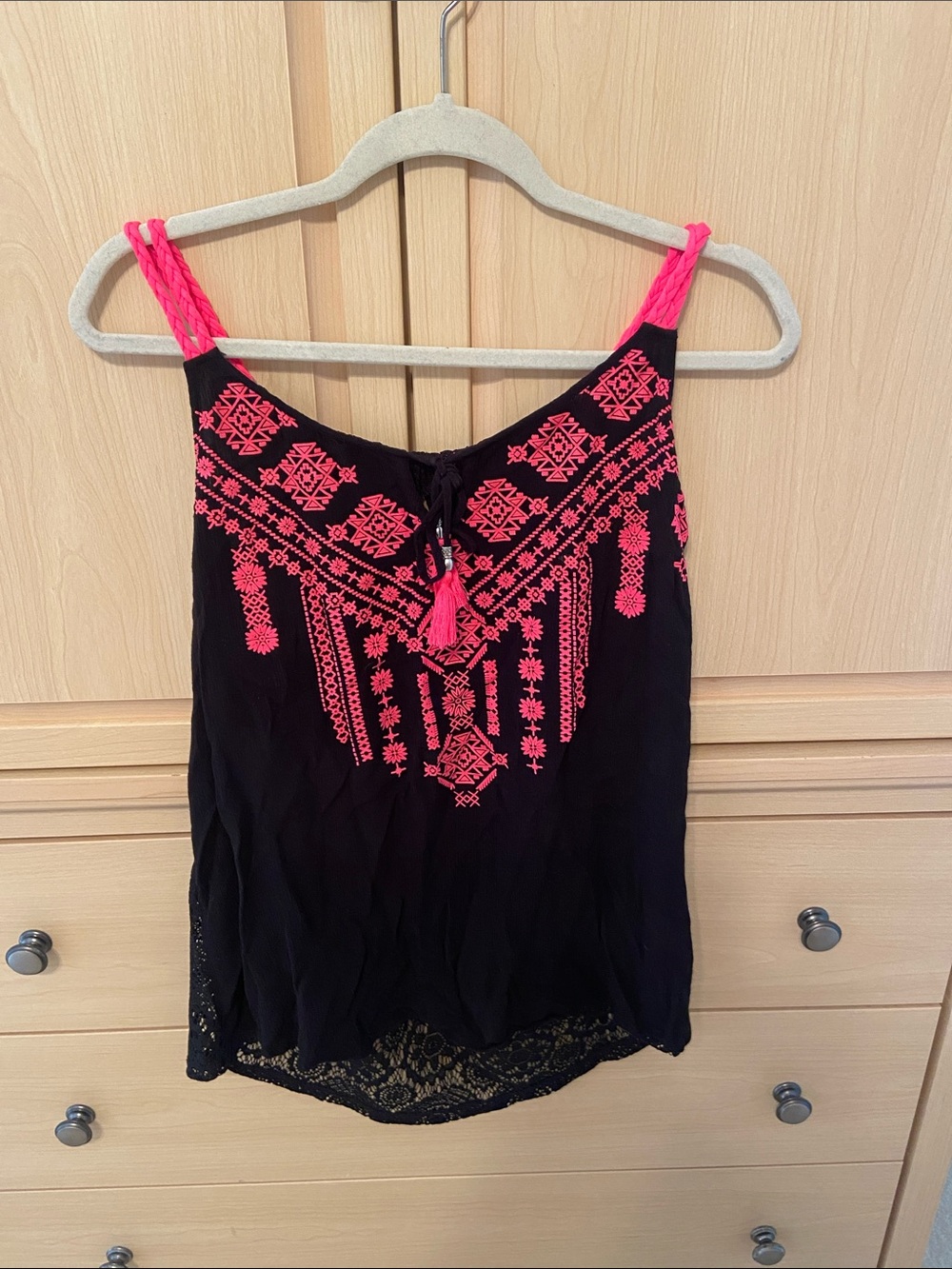 Black Tank Top with Neon Pink Embroidery - Women